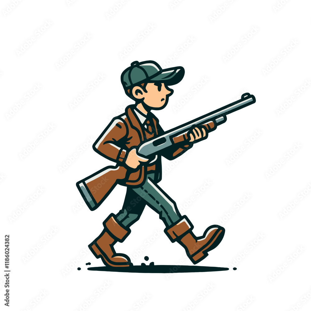 Cartoon Walking hunter in modern outdoor attire, holding a rifle. A professional and energetic character illustration for hunting or adventure-themed designs. Isolated vector illustration Cartoon Walking hunter in modern outdoor attire, holding a rifle. A professional and energetic character illustration for hunting or adventure-themed designs. Isolated vector illustration