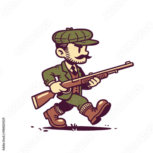 Classic hunter in vintage outfit walking with a rifle, exuding charm and tradition. A detailed and stylish character illustration for creative storytelling or hunting designs. Isolated vector illustra