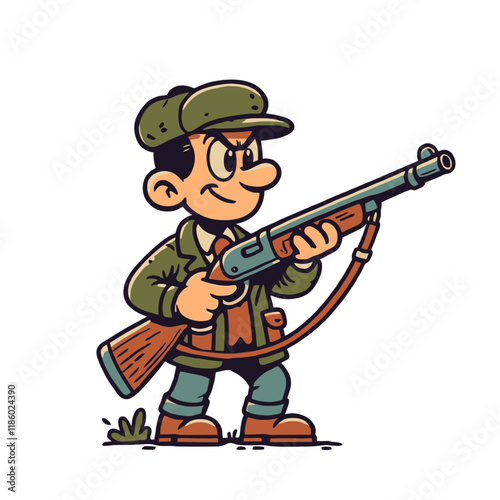 Smiling cartoon hunter holding a rifle, ready for an adventure. A cheerful and playful character illustration for creative outdoor or hunting designs. Isolated vector illustration.