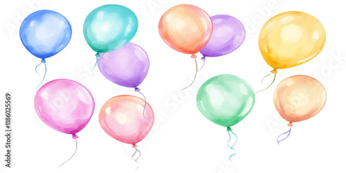 Set of watercolor balloons for a birthday party, isolated on a white background.