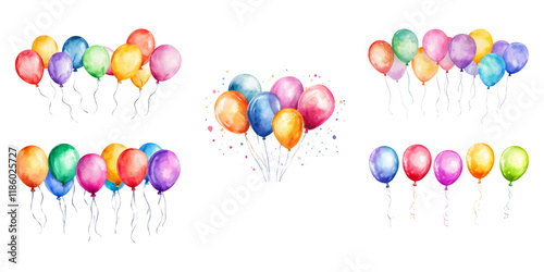 Set of watercolor balloons for a birthday party, isolated on a white background.