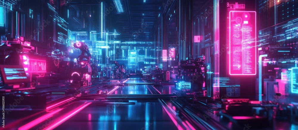 Fototapeta premium Futuristic neon city street with glowing vehicles and digital displays.