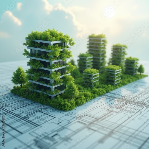 Sustainable Green Building Practices In Architectural Blueprints Ecofriendly Construction Planning Digital photo