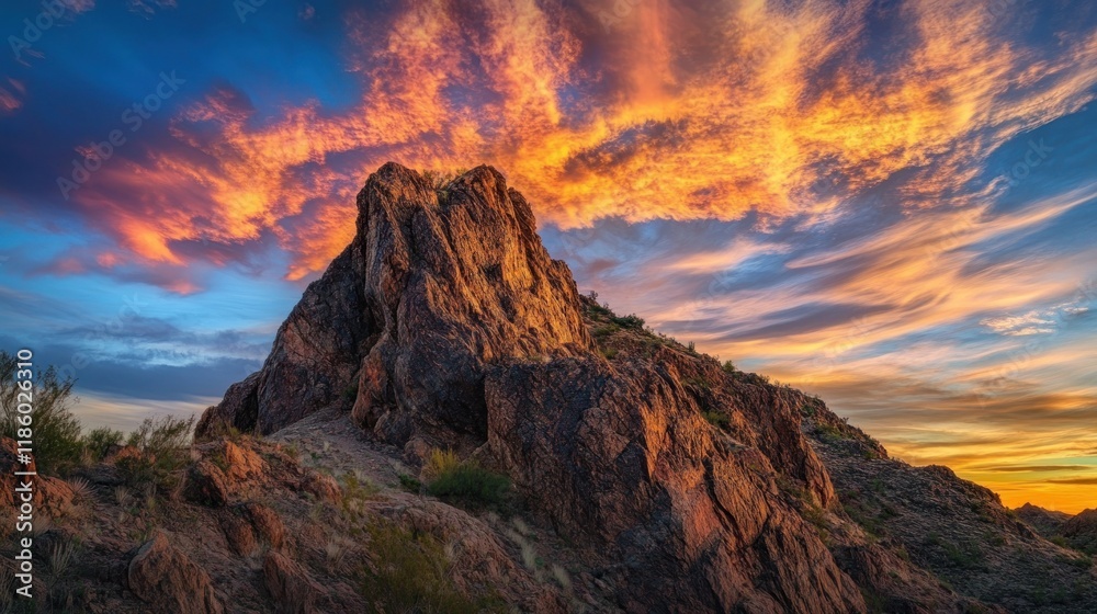 Fototapeta premium Vibrant sunset over a rugged, rocky mountain peak.