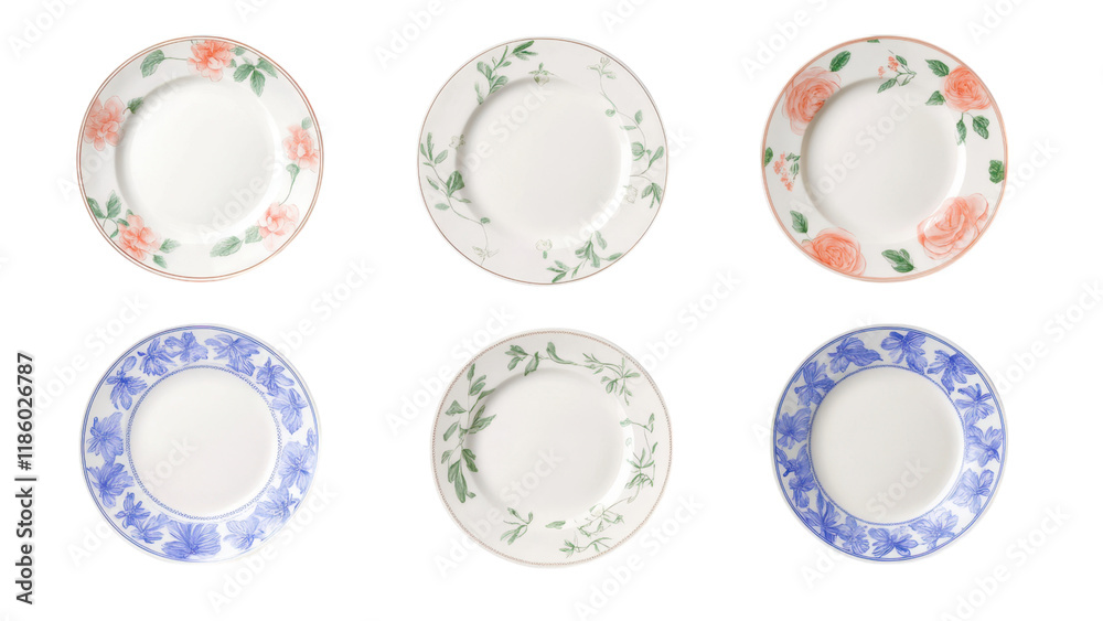 Collection of decorative plates arranged on a black background. Collection of decorative plates arranged on a black background.
