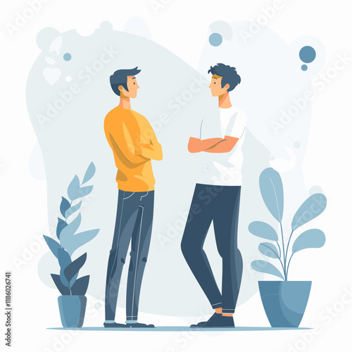 Male psychotherapist talking to male patient. Mental health concept. Vector illustration in flat style