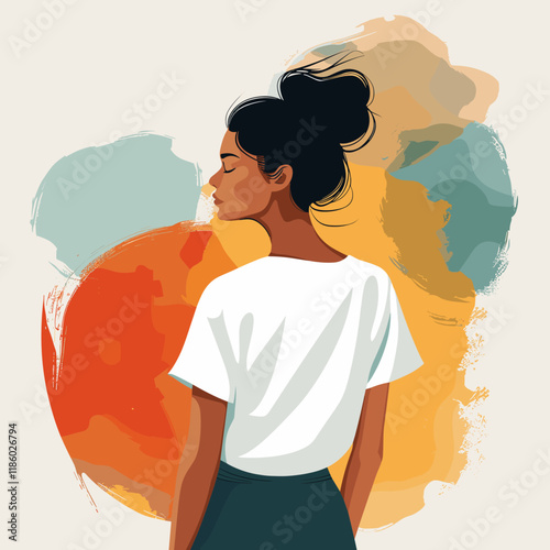 Young african american woman in white t-shirt, vector illustration
