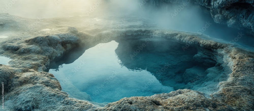 Misty geothermal spring pool in rocky terrain. Misty geothermal spring pool in rocky terrain.