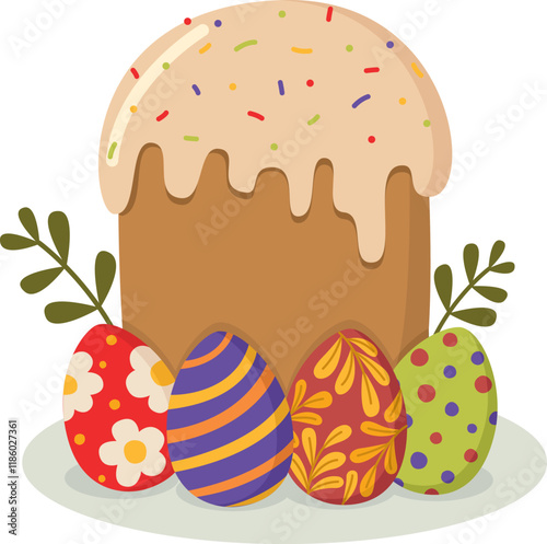 Composition with Easter cake and colored Easter eggs. Illustration with Easter tasty symbols
