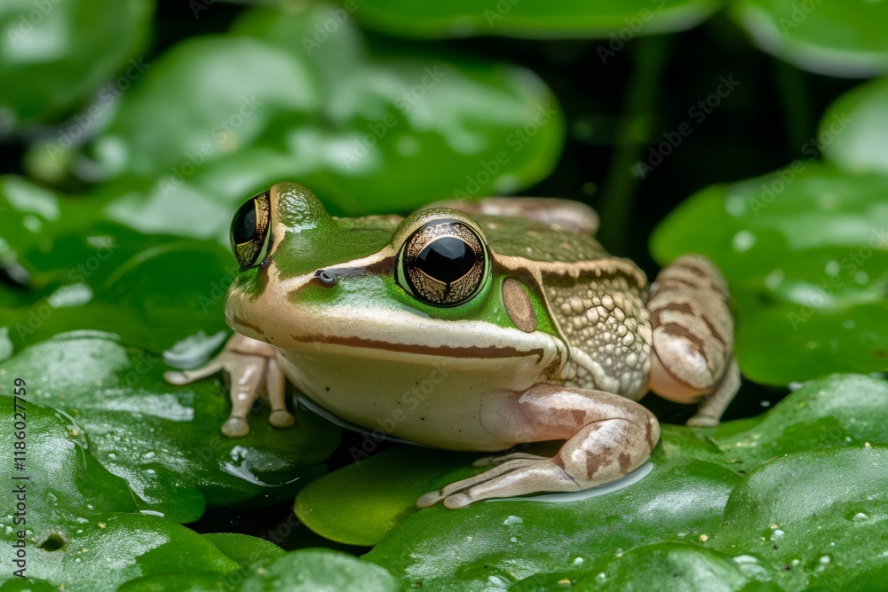 Green and brown frog resting on bright green leaves Green and brown frog resting on bright green leaves