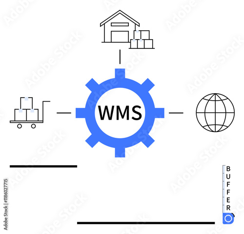 Blue gear with WMS connects warehouse, cart with boxes, globe, and buffer icon. Ideal for logistics, inventory, supply chain, automation, warehouse operations optimization abstract line flat