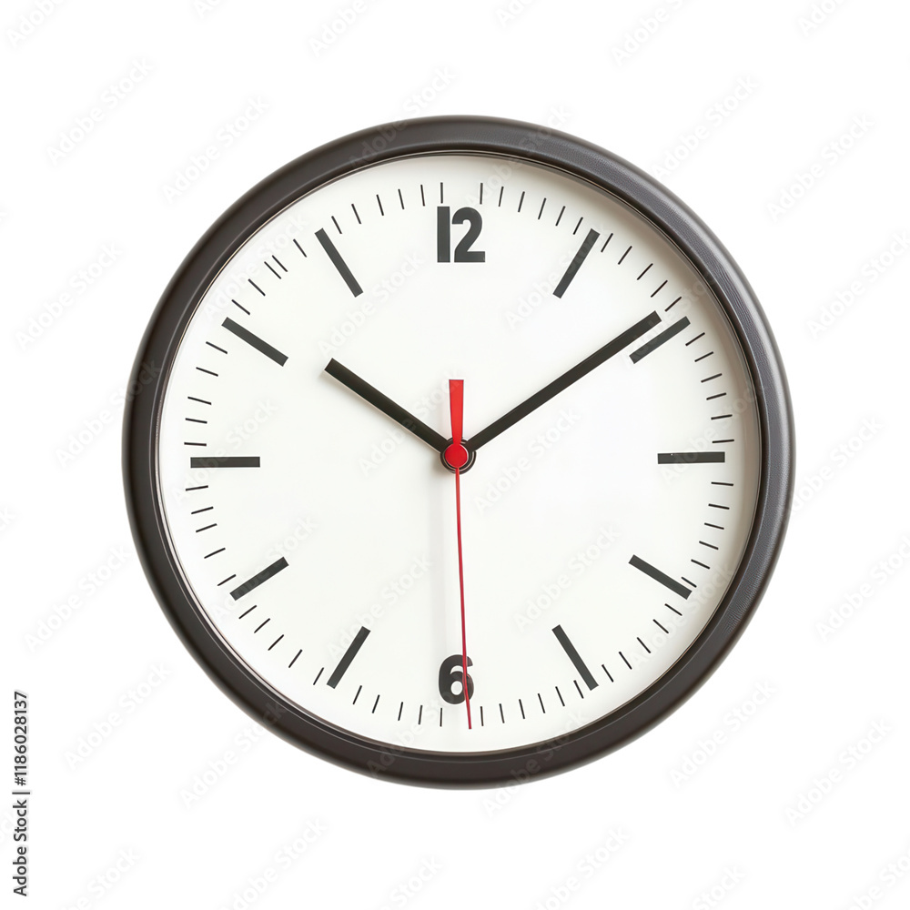 Round wall clock with black and red hands on a white face. Round wall clock with black and red hands on a white face.
