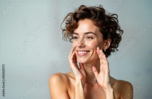 Young woman enjoys smooth skin after skincare treatment. Pretty girl touches face. Perfect healthy skin. Model poses happily in front of grey background. Cosmetology procedure finished. Happy with photo