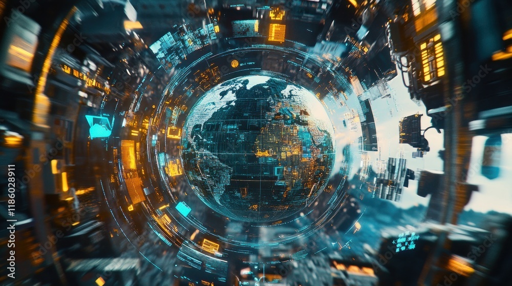Futuristic globe encased in digital circuitry. Futuristic globe encased in digital circuitry.