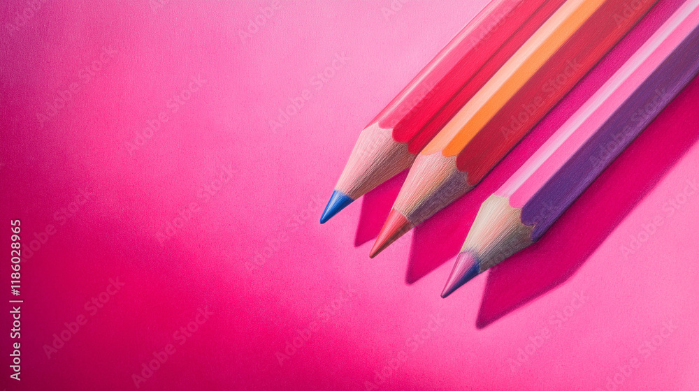 pink colored pencils in the right of pink drawing paper pink colored pencils in the right of pink drawing paper