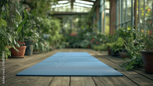 Yoga Mat in a Tranquil Greenhouse: A blue yoga mat lies unfurled on a wooden floor, surrounded by lush greenery in a serene greenhouse setting.  The image evokes a sense of peace, rejuvenation. photo