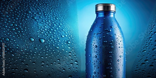 Cool blue metal water bottle, glistening with droplets, against a minimalist blue backdrop.  Hydration, refreshingly summery. photo