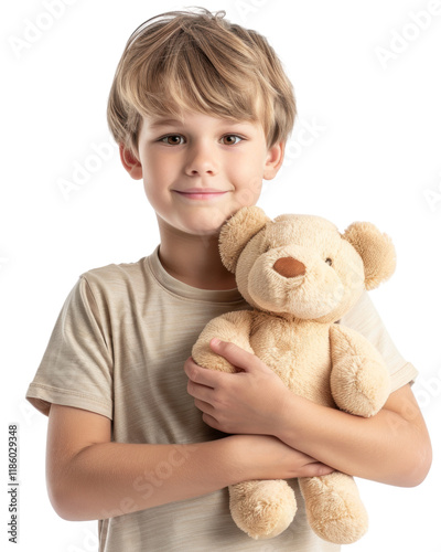 Child in a light gray shirt holding a stuffed animal isolated on transparent background
