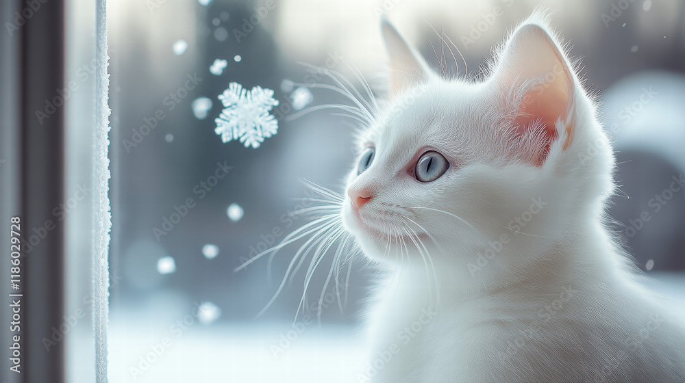 White cat, soft fur, sitting by the window as snow falls outside. The beautiful light creates a cinematic White cat, soft fur, sitting by the window as snow falls outside. The beautiful light creates a cinematic