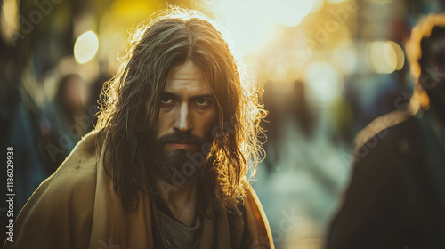 Jesus advocating for social justice in a modern world—visiting a homeless shelter, protesting for human rights, and standing with marginalized communities to promote equality and compassion. photo