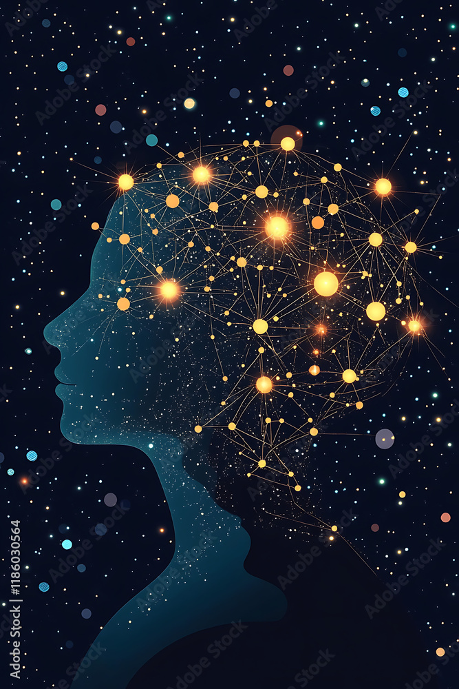 Fototapeta premium A silhouette of a head filled with stars and connections, symbolizing thought and creativity.