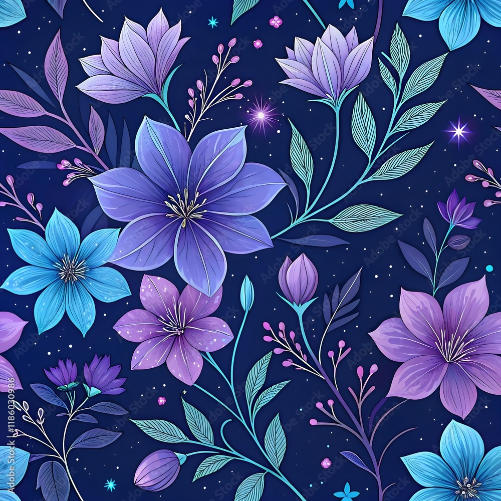 Fototapeta premium Seamless Abstract Purple and Blue Magical Flowers Pattern Background for Elegant Designs