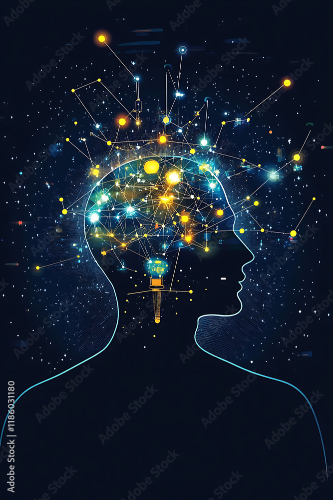 A stylized silhouette of a head filled with glowing connections and lights, symbolizing thought.