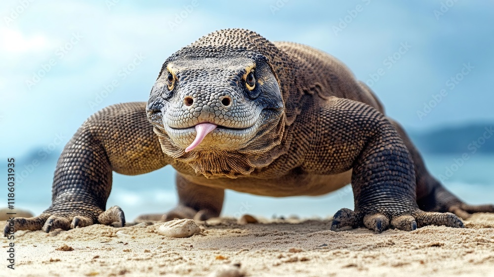 Obraz premium Komodo dragon sticking out tongue on the beach