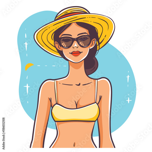 Beautiful woman in bikini and hat on the beach. Vector illustration