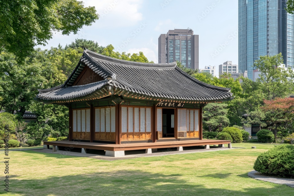 A traditional brown wood Korean architecture temple building complex, Gyeongbokgung Palace, is located in Seoul, South Korea A traditional brown wood Korean architecture temple building complex, Gyeongbokgung Palace, is located in Seoul, South Korea