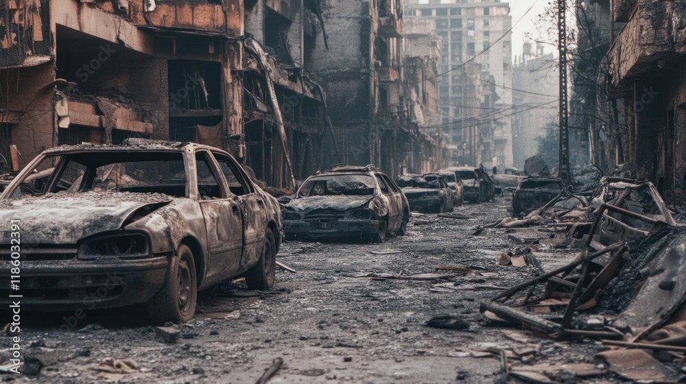Close-up of a street lined with burnt-out buildings and vehicles, covered in ash and debris, showing the aftermath of a city-wide fire Close-up of a street lined with burnt-out buildings and vehicles, covered in ash and debris, showing the aftermath of a city-wide fire