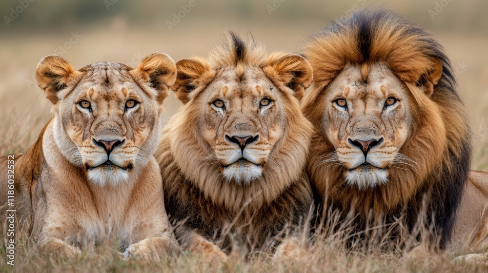 Lion pride resting in african savanna grassland Lion pride resting in african savanna grassland