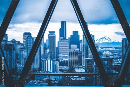 A panoramic view of Seattle captured from a window in the Seattle Public Library photo