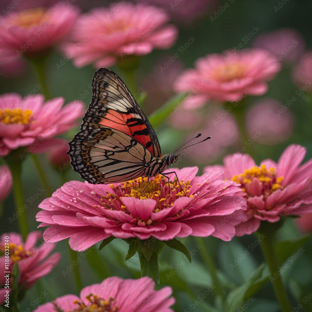 A butterfly resting on a pink zinnia flower, with a glowing pink bokeh background.
A butterfly resting on a pink zinnia flower, with a glowing pink bokeh background.