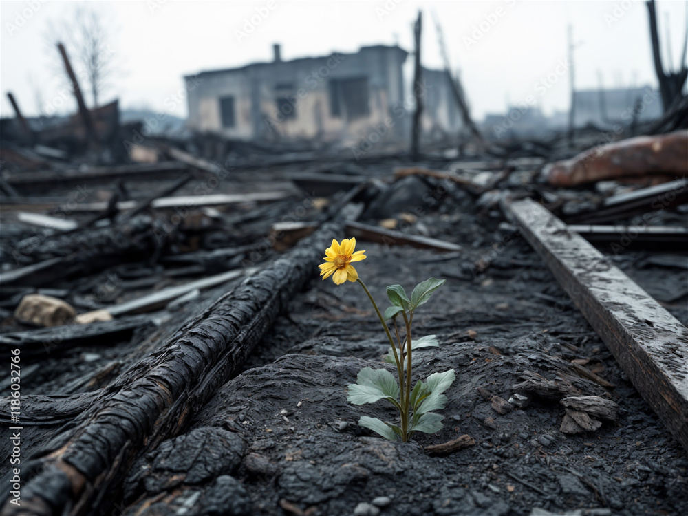 Obraz premium A flower as a symbol of resistance against the background of destruction