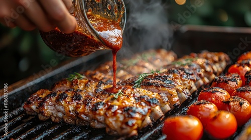 Obraz na płótnie Close-up of grilling BBQ ribs with sauce. w salonie