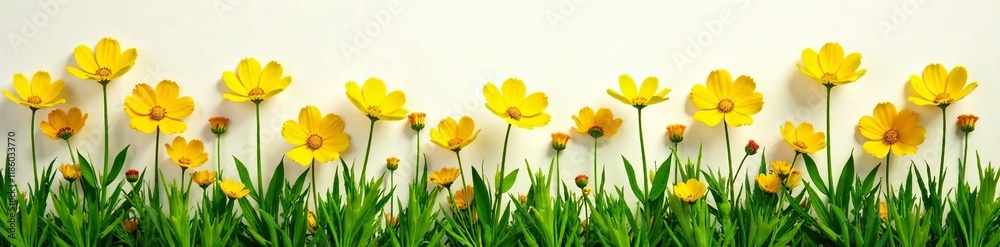 Fototapeta premium Yellow flowers cosmos with long stems in a grass arrangement flat lay, garden, grass, flowers