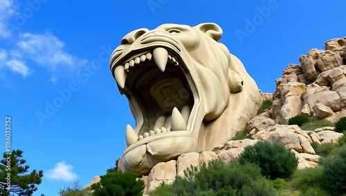 Giant roaring lion statue carved into hillside. photo