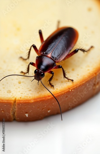 Closeup macro photo of cockroach on bread slice. Pest control issues. Unhygienic food. Scavenging insect on slice of white bread. Household infestation. Disease risk. White background. Dirty. photo