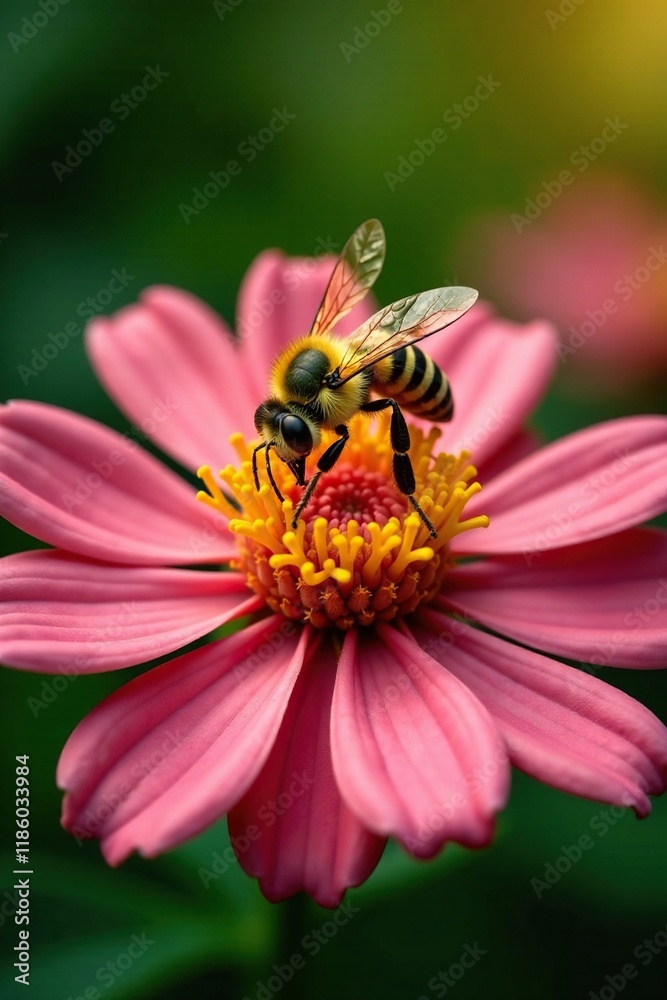 Yellow hairy insect collecting pollen from a colorful flower, nature, outdoor, bees Yellow hairy insect collecting pollen from a colorful flower, nature, outdoor, bees