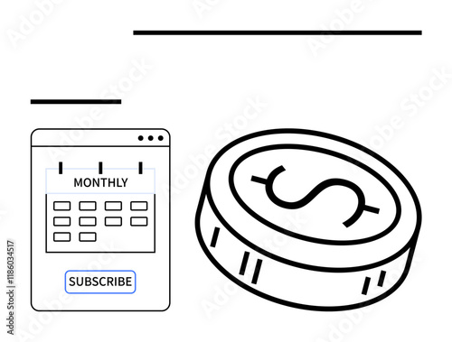 Monthly subscription calendar with a subscribe button next to a large coin with a dollar sign. Ideal for financial planning, budgeting, subscriptions, online services, recurring payments, saving