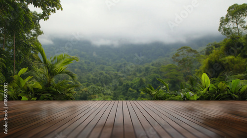 Serene Tropical Deck: Misty Mountain Vista, Lush Greenery photo