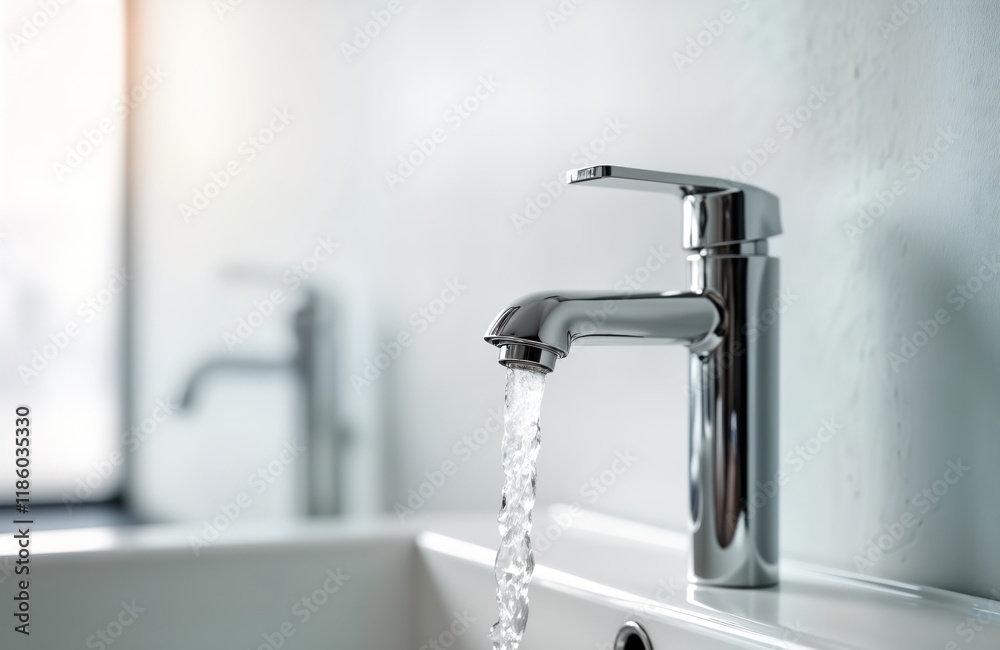 Modern chrome tap with flowing water. Clean water supply system in white bathroom sink. High-quality plumbing, hygiene, water conservation concept. Eco-friendly design for modern home hotel. Bathroom