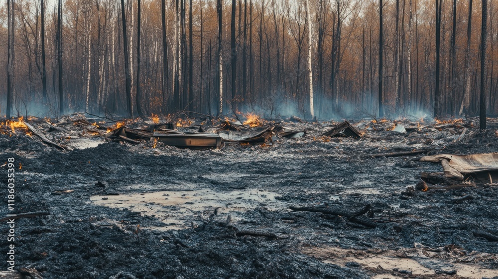 Widespread damage from a forest fire, with multiple homes destroyed and the ground covered in ash and burnt debris, showing the scale of devastation Widespread damage from a forest fire, with multiple homes destroyed and the ground covered in ash and burnt debris, showing the scale of devastation