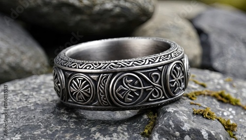  Norse jewelry, an old matte metal Viking ring with decorative friezes carved around the outside, set on a rock-gigapixel-art-scale photo