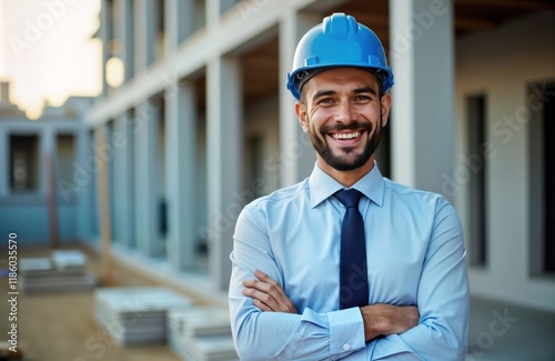 Proud contractor smiles confidently at construction site. Successful business man wears hard hat, business suit. Project manager stands near new building. Happy pro with arms crossed. Satisfied