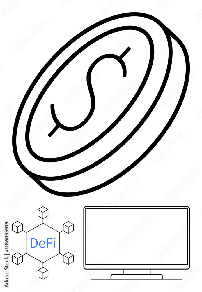 Dollar coin icon, DeFi blockchain network elements with nodes, and a computer screen. Ideal for finance, cryptocurrency, digital economy, blockchain technology, decentralized finance, fintech Dollar coin icon, DeFi blockchain network elements with nodes, and a computer screen. Ideal for finance, cryptocurrency, digital economy, blockchain technology, decentralized finance, fintech