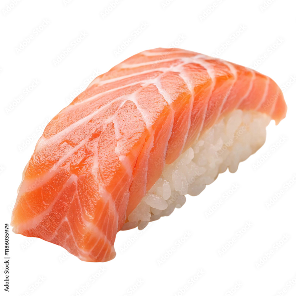 Close-up of a single salmon nigiri sushi piece, showcasing vibrant, fresh salmon atop white sushi rice. Close-up of a single salmon nigiri sushi piece, showcasing vibrant, fresh salmon atop white sushi rice.