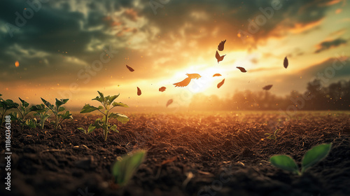 A surreal reimagining of the Parable of the Sower, where seeds sprout wings and take flight, and the soil transforms into a dreamlike landscape, symbolizing hope, growth, and transformation. photo