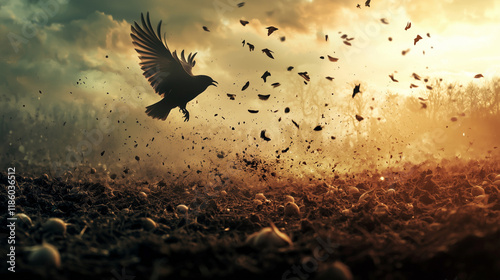 A surreal reimagining of the Parable of the Sower, where seeds sprout wings and take flight, and the soil transforms into a dreamlike landscape, symbolizing hope, growth, and transformation.